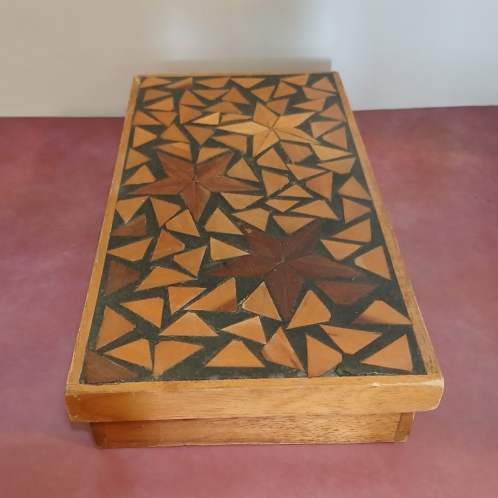 Vintage-Folk Art Mosaic Wood Coasters w/Box-Ecuador-Teak-Jungle Laurel & More